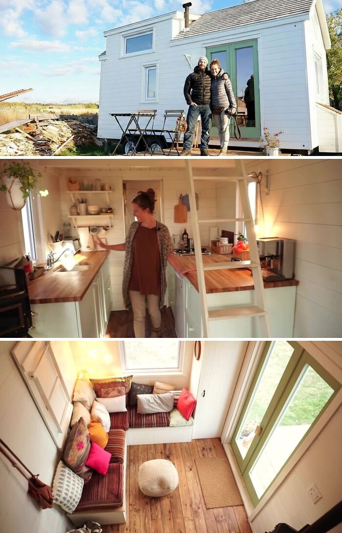 A couple stands in front of their small, unusual home, a tiny house with a modern interior kitchen and cozy living space. Wacky homes.