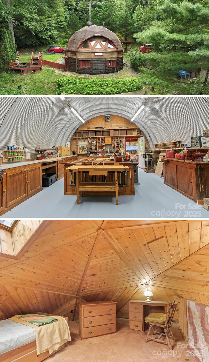 An unusual home, a unique dome-shaped house nestled in the woods with a spacious interior workshop and a rustic bedroom. Cool homes.