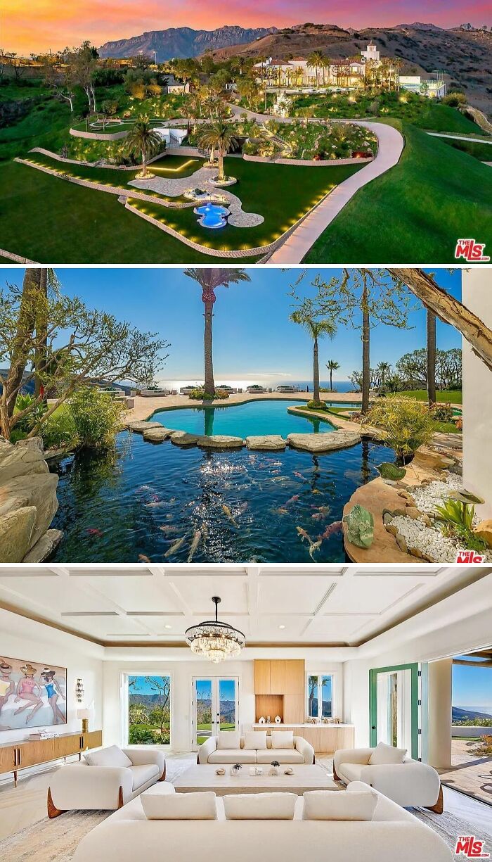 Luxury cool and unusual home on a hill with a sprawling green landscape, a koi pond, and an elegant white living room.