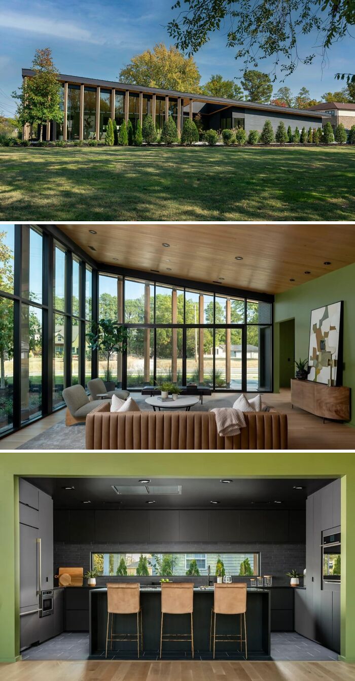Modern cool and unusual home with a sleek facade, a living room with large windows, and a sophisticated black kitchen.