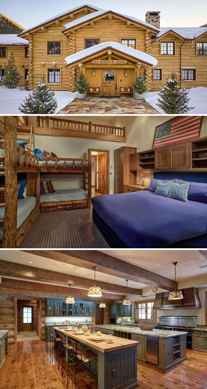 Elk Mountain Lodge, a cool and unusual home with rustic log cabin exterior, bedroom with bunk beds, and spacious kitchen.