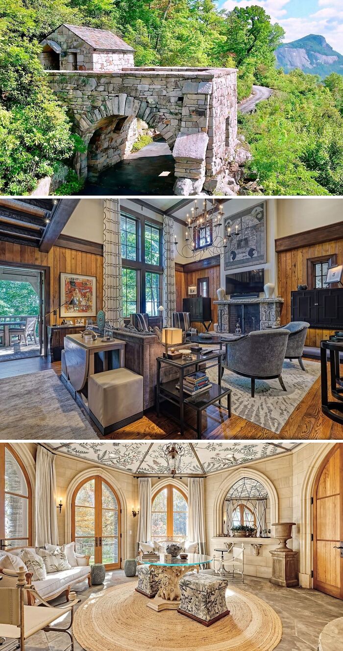 A magnificent stone bridge leading to a picturesque house with luxurious interiors, showcasing a cool and unusual design.