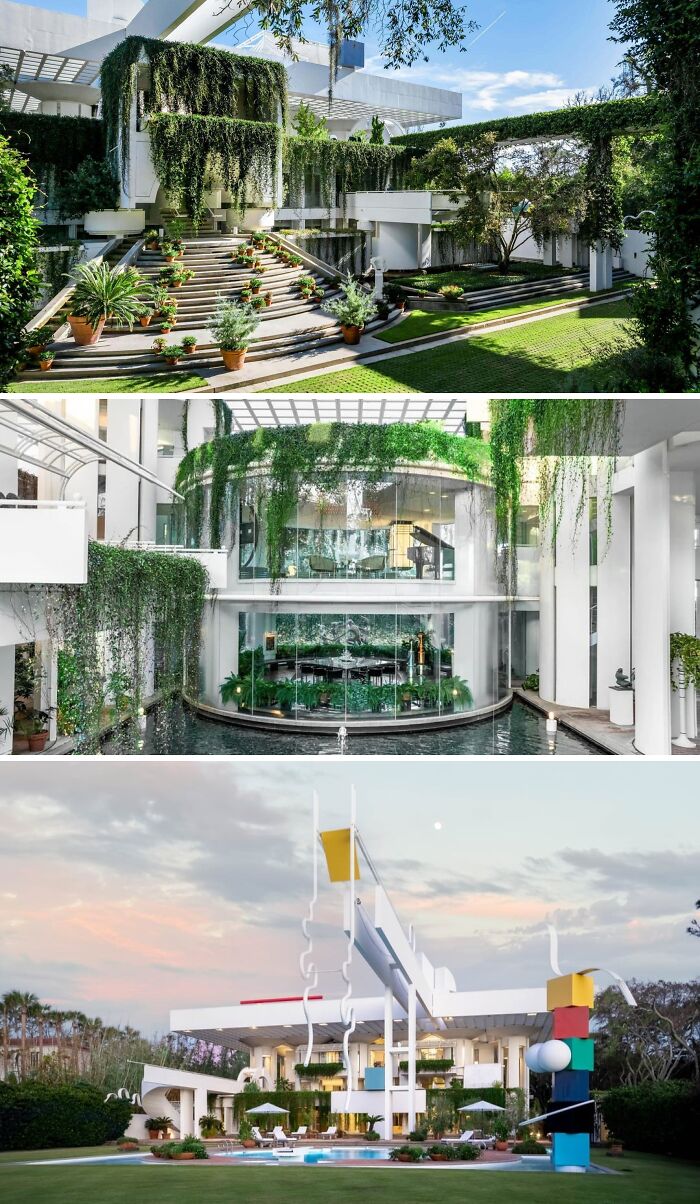 A stunning white building with lush vertical gardens and an outdoor staircase, an example of a luxurious and cool home.
