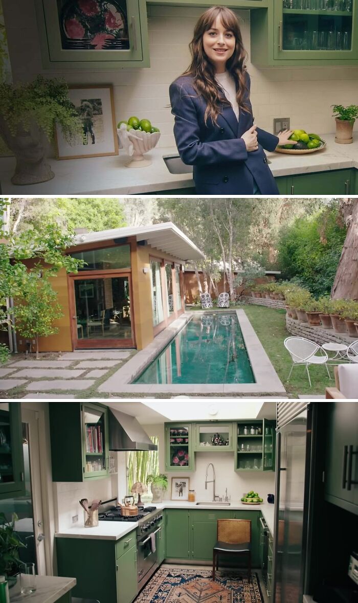 A modern kitchen with green cabinets and a small dipping pool in the backyard, showcasing a cool and unique design.