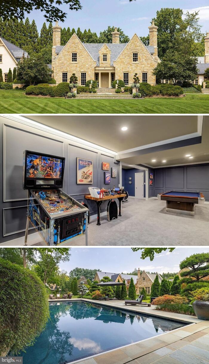An elegant stone mansion with a spacious lawn and sophisticated landscaping, an example of a cool home with classic charm.