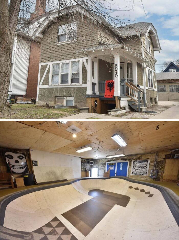 A two-story unusual home with an attached garage, featuring a distinctive outdoor design and a large indoor skate park.