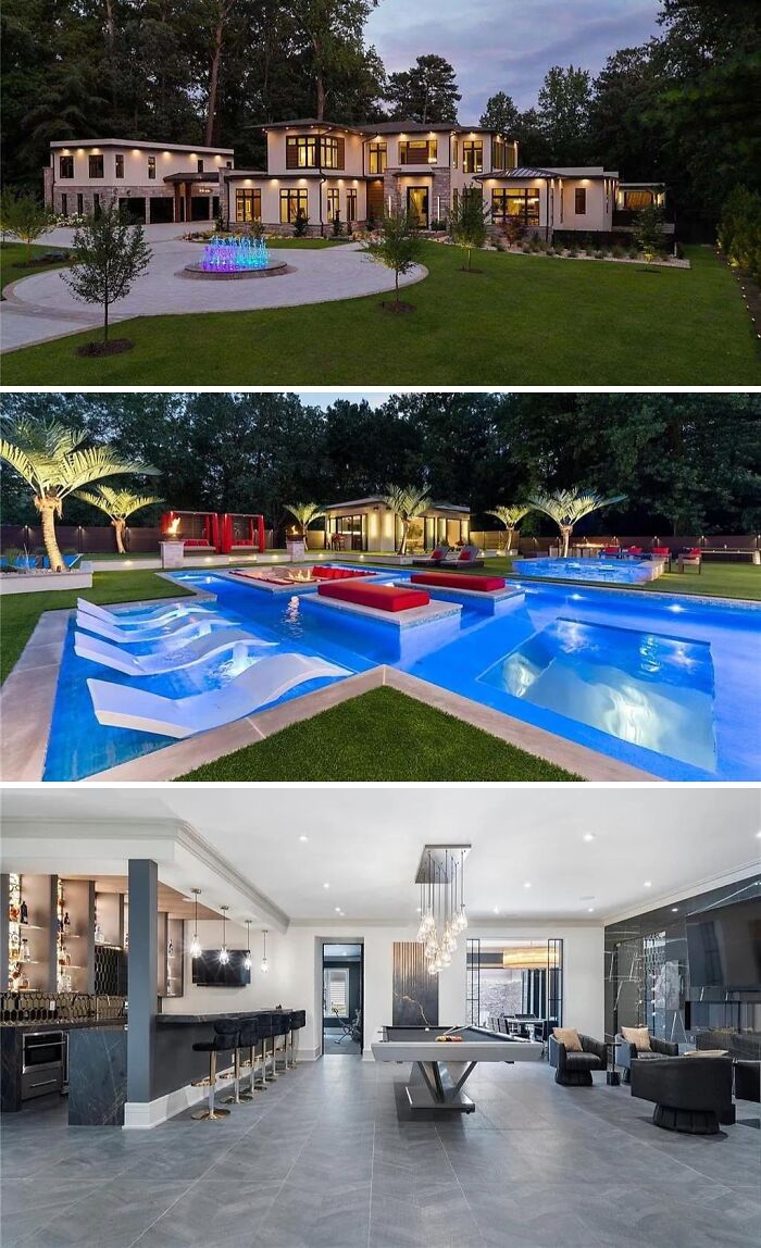 A large, modern unusual home with a circular driveway, an extensive pool area with lounges, and a stylish interior.