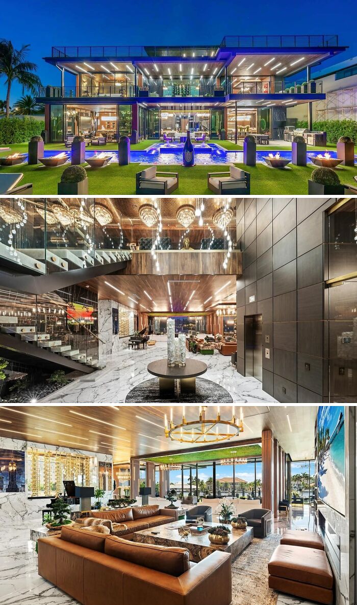 An extravagant, cool unusual home with a massive pool area, luxurious interior design, and grand chandeliers.