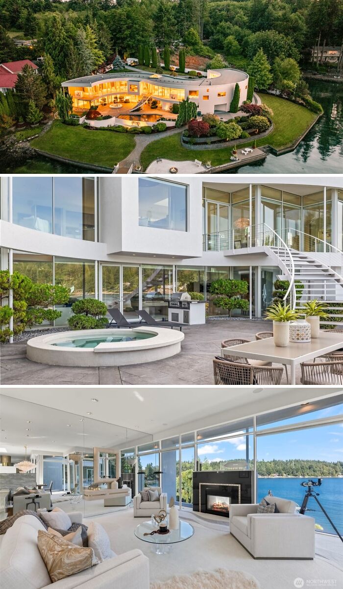 A modern, cool unusual home by the water, featuring a sleek patio with a hot tub and an elegant, open-plan interior.