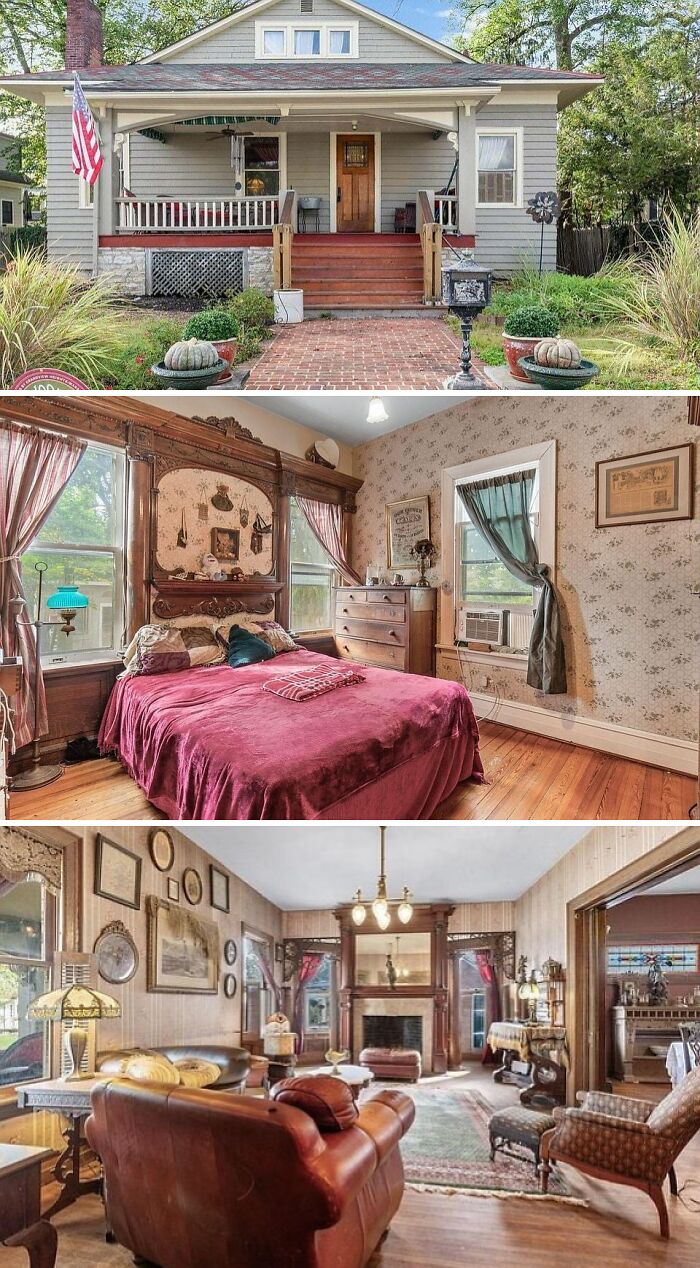A charming, old-fashioned unusual home with a cozy front porch, vintage bedroom, and a warm, inviting living room.