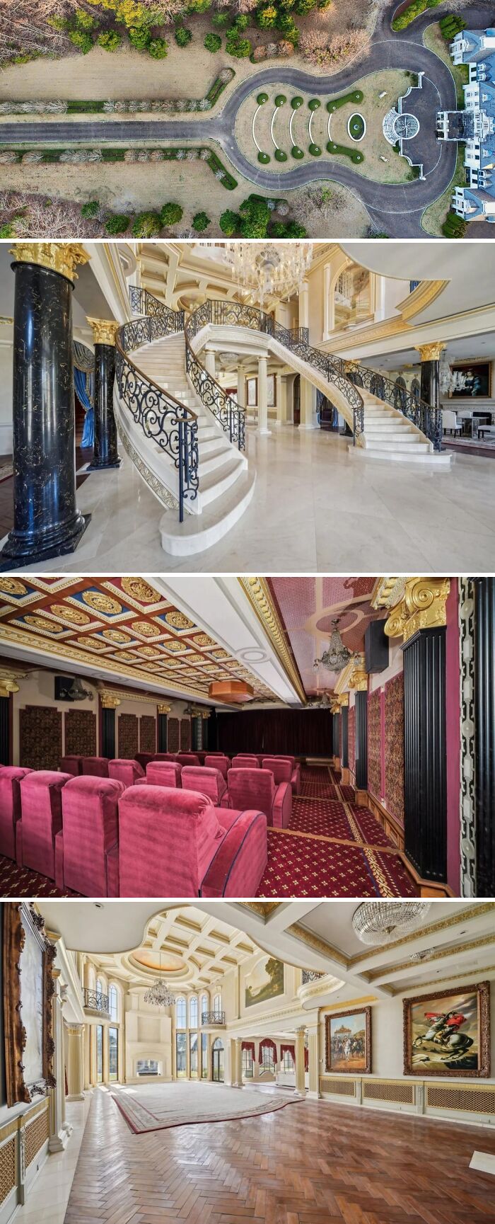 Luxury mansion, an unusual home, with an elaborate circular driveway, grand staircase, and home theater.