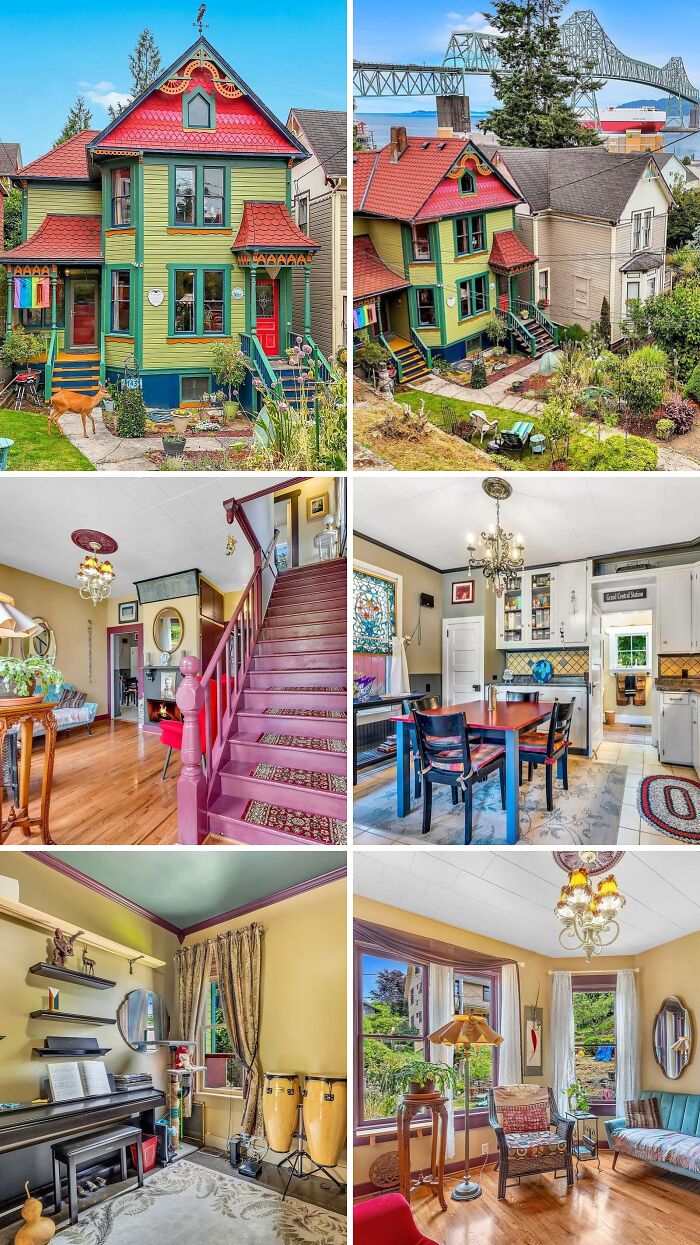A vibrant, wacky home exterior painted in green and red, with colorful interior shots including a purple staircase.