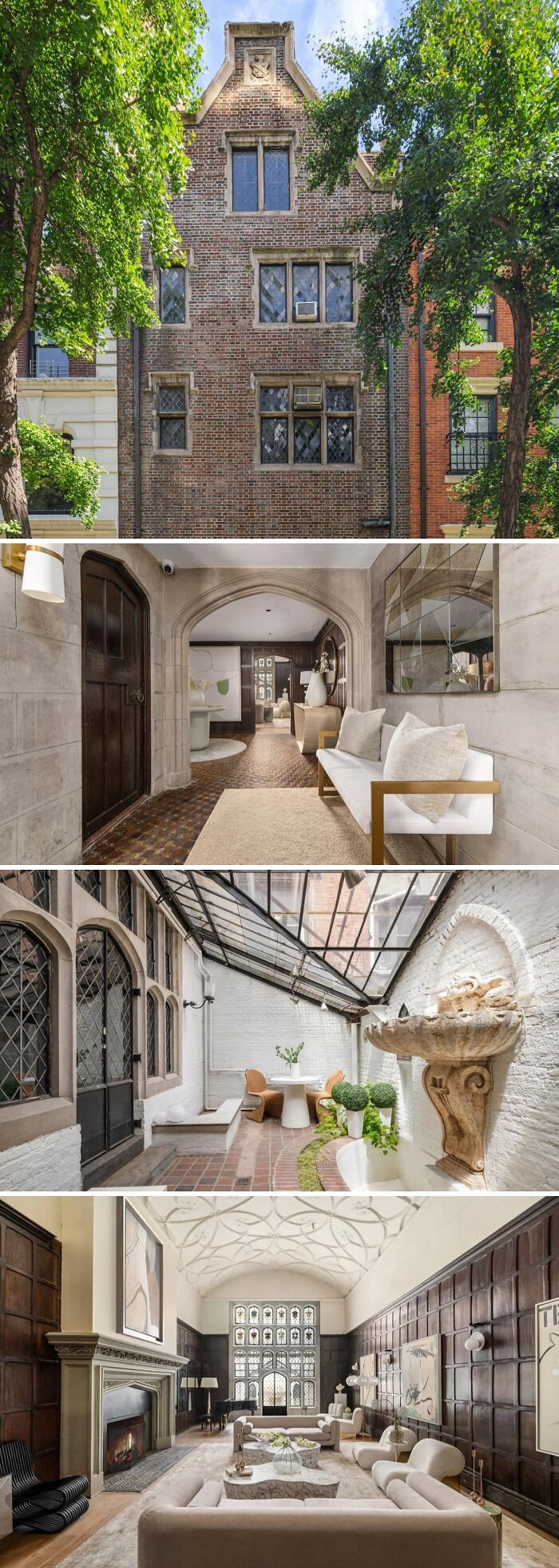 Exterior and interior views of a cool, unusual home with brickwork, arched doorways, and a unique courtyard.