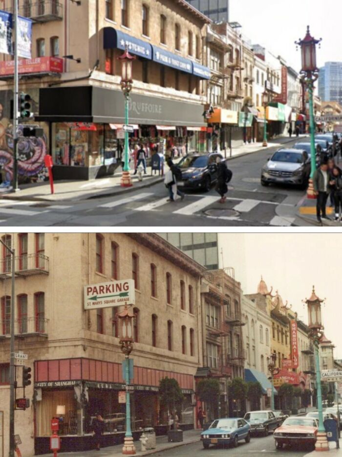 Before-and-after photos of a bustling city street, showing how much America has changed with cars and fashion.