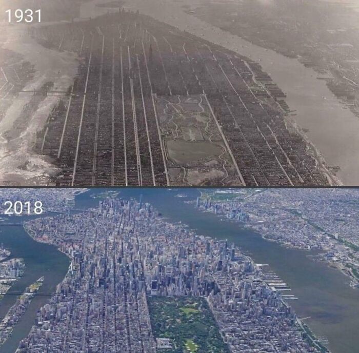 America changed: Aerial view of New York City in 1931 compared to 2018, showing immense urban development.