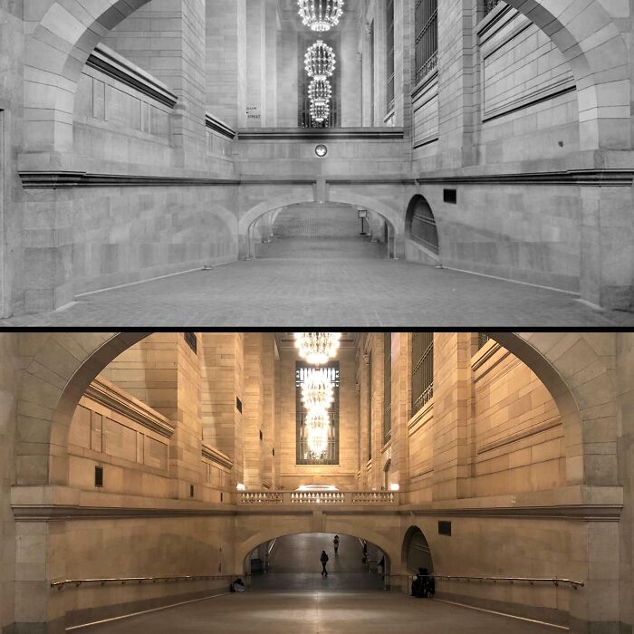 Before-and-after photos of Grand Central Terminal showing how much America has changed, from black and white to color.