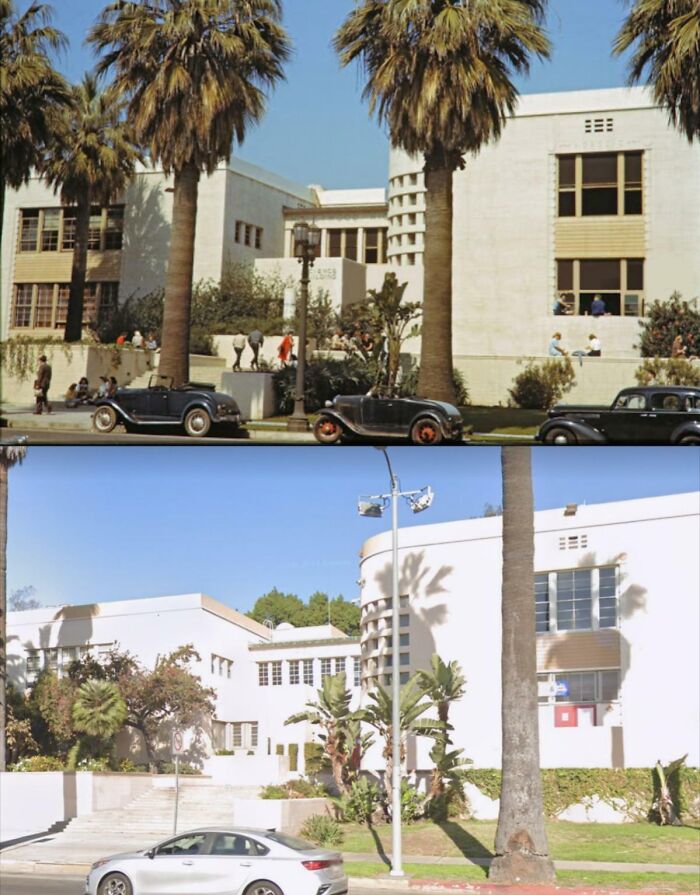 Before-and-after photos of a building with palm trees and vintage cars versus modern cars, showing how much America has changed.