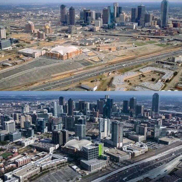 Aerial before-and-after photos of a city skyline, showing how much America has changed with more skyscrapers and developed areas.