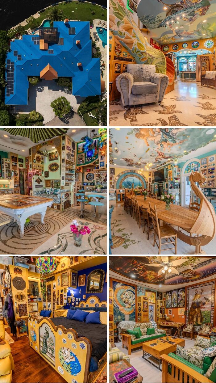 An aerial shot of a cool, unusual home with a vibrant blue roof, featuring multiple unique rooms with intricate, colorful decor.
