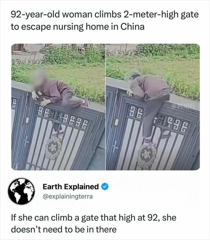 A 92-year-old woman climbing a 2-meter-high gate, showcasing interesting facts about human determination.