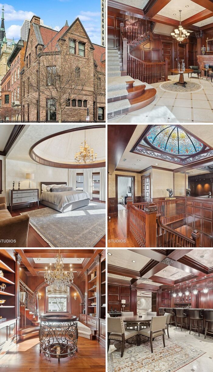 A historic stone mansion, a luxurious grand staircase, an elegant bedroom, a hallway with stained glass, and a refined library and bar area, showcasing unusual homes.