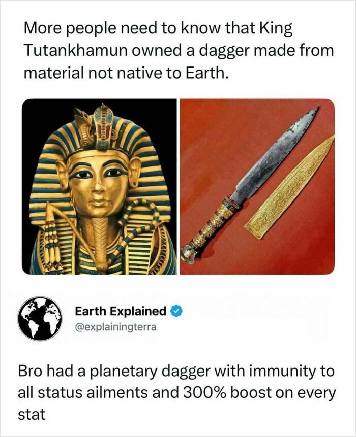 A split image showing King Tutankhamun's bust and his dagger, highlighting the interesting fact of its extraterrestrial origin.