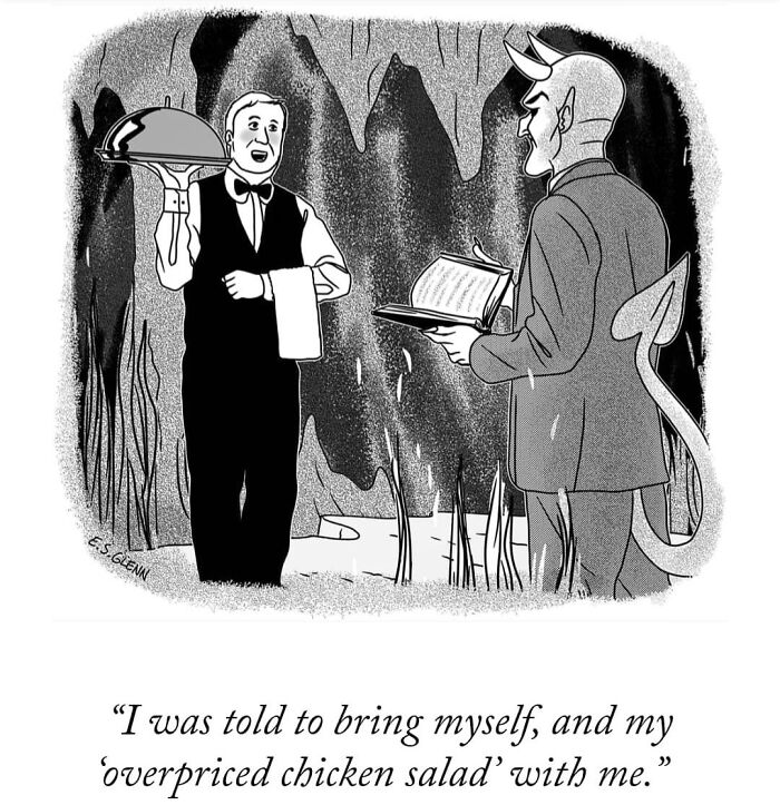 Funny single-panel comics by E.S. Glenn: A waiter serving the Devil in a cave with a funny quote.