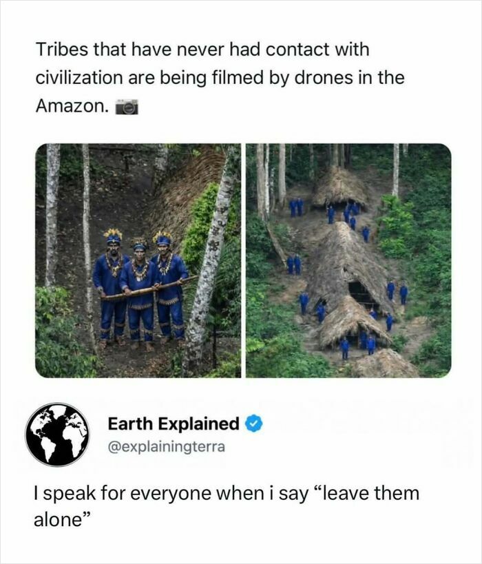 Interesting facts: Amazonian tribes filmed by drones, showing their secluded forest homes and traditional attire.