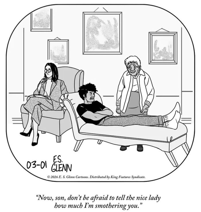 Funny single-panel comic by E.S. Glenn showing a mother at a therapy session with her son, asking him to discuss her smothering.