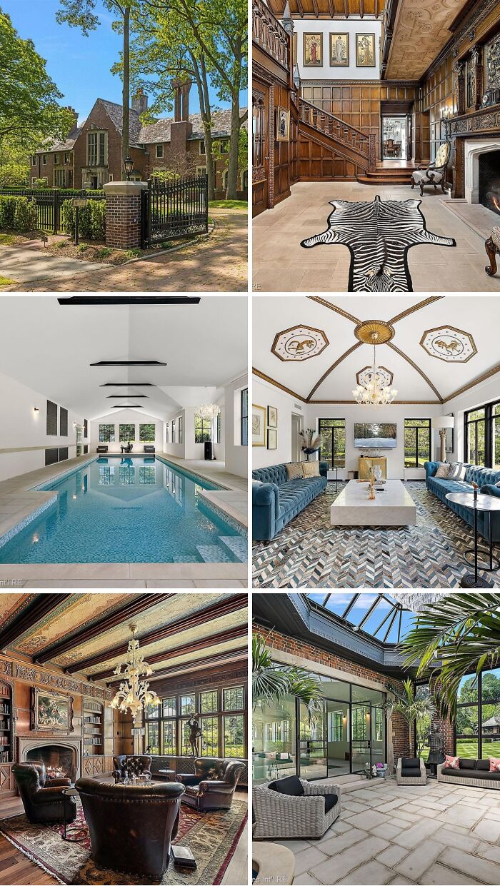 An array of cool, wacky, and unusual homes including a large brick house with a tiger rug, an indoor pool, and a cozy den.