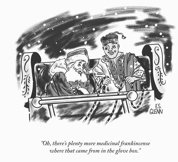 Funny single-panel comics by E.S. Glenn: Santa and a man in a sleigh, with snow falling.