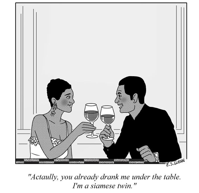 Funny single-panel comics by E.S. Glenn: A couple toasting with wine glasses, featuring a humorous caption.