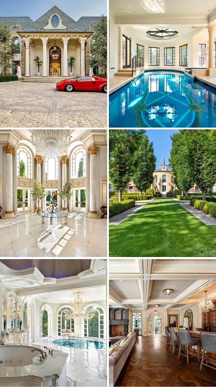 An elaborate and unusual home with grand columns, a red sports car, a luxurious indoor pool, and expansive green lawns.