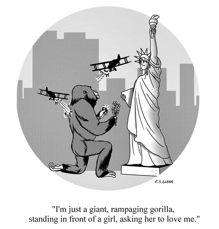 Funny single-panel comics by E.S. Glenn: A giant gorilla proposing to the Statue of Liberty while biplanes attack.