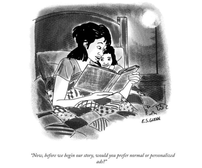 A funny single-panel comic illustrates a mother reading a bedtime story to her child, asking about ad preferences.