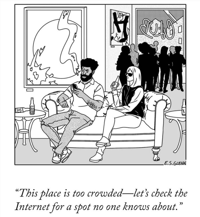A funny single-panel comic by E.S. Glenn of a couple on a couch, the man humorously saying, This place is too crowded—let's check the Internet.