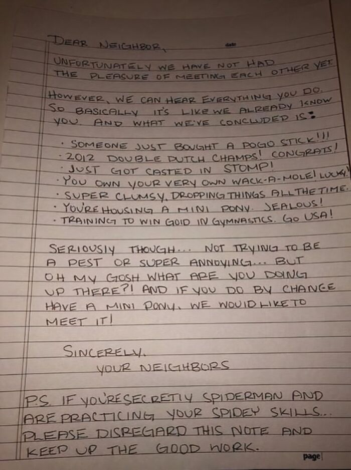A friendly and funny neighbors notes letter listing observations about a neighbor's activities.