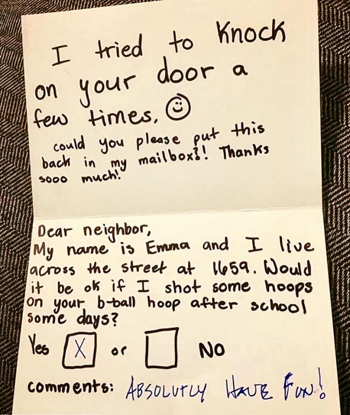 A funny neighbors note from a child asking to shoot hoops and receiving an enthusiastic yes.