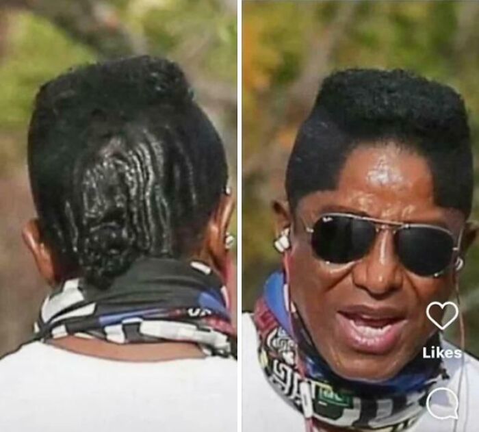 A man from behind and front, wearing sunglasses, with a very slicked-back and uneven, unfortunate haircut.