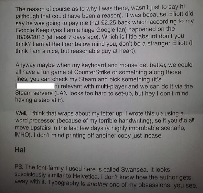A lengthy and detailed funny neighbors note about Google Keep and gaming suggestions.