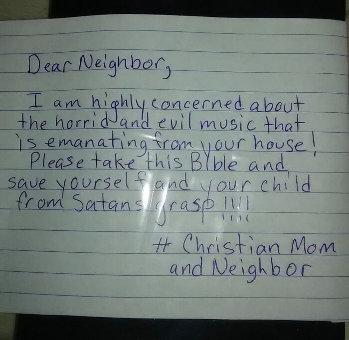 A funny neighbors note from a Christian mom about loud music and an attached Bible.