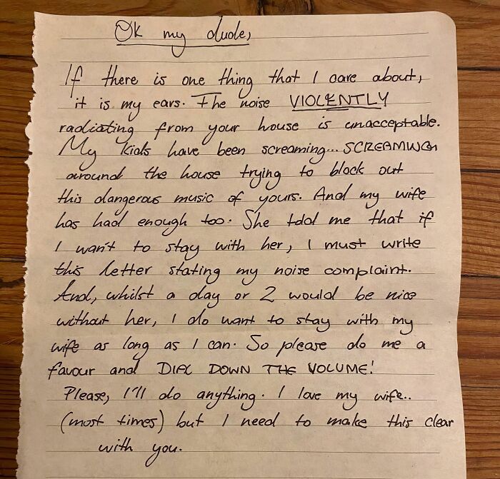 A handwritten note from funny neighbors notes asking to turn down loud music disturbing the family.