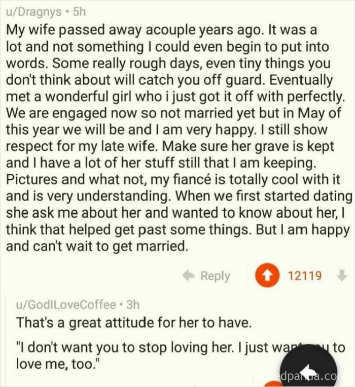 A Reddit post about finding new love after loss, a wholesome and unusual thing.