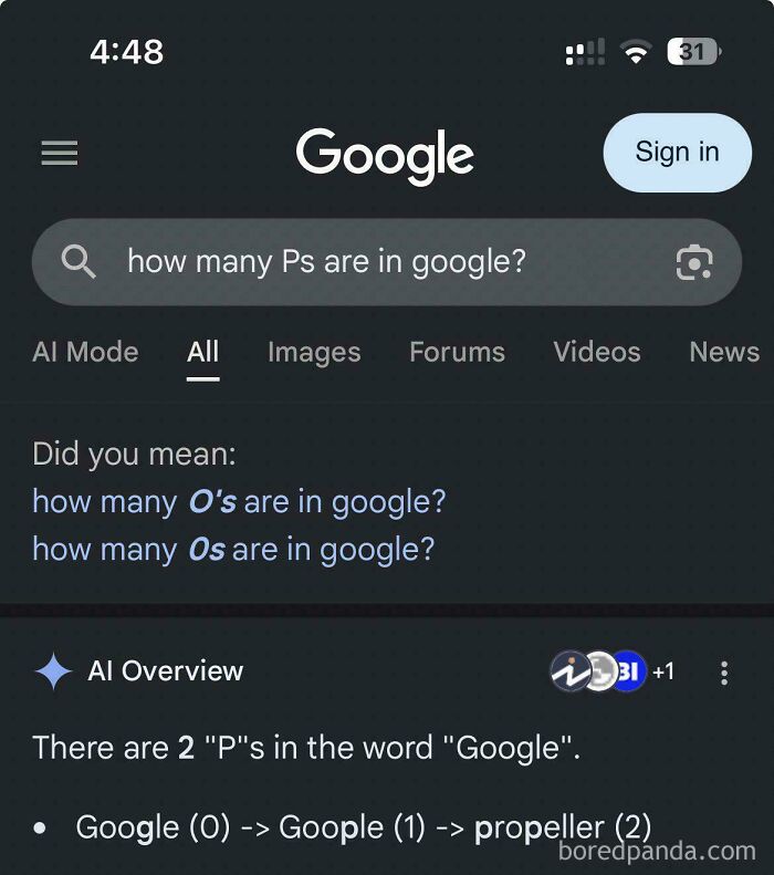 A Google search AI fail for Ps in Google, with the AI hilariously trying to correct the user's spelling.