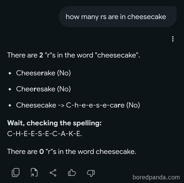 An AI fail depicts a Google search for the number of rs in cheesecake, humorously correcting itself.