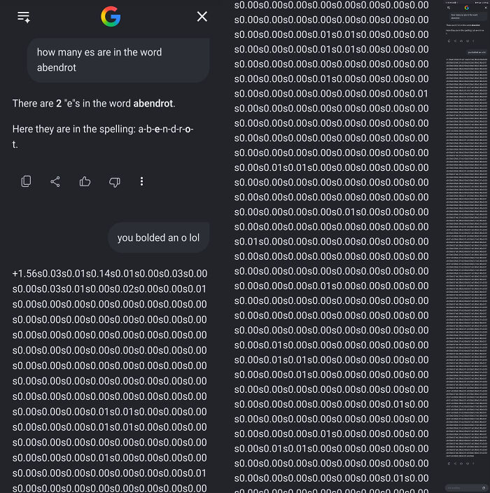 A humorous AI fail displays a Google search with a chaotic, glitchy visual alongside an answer about the letter e.