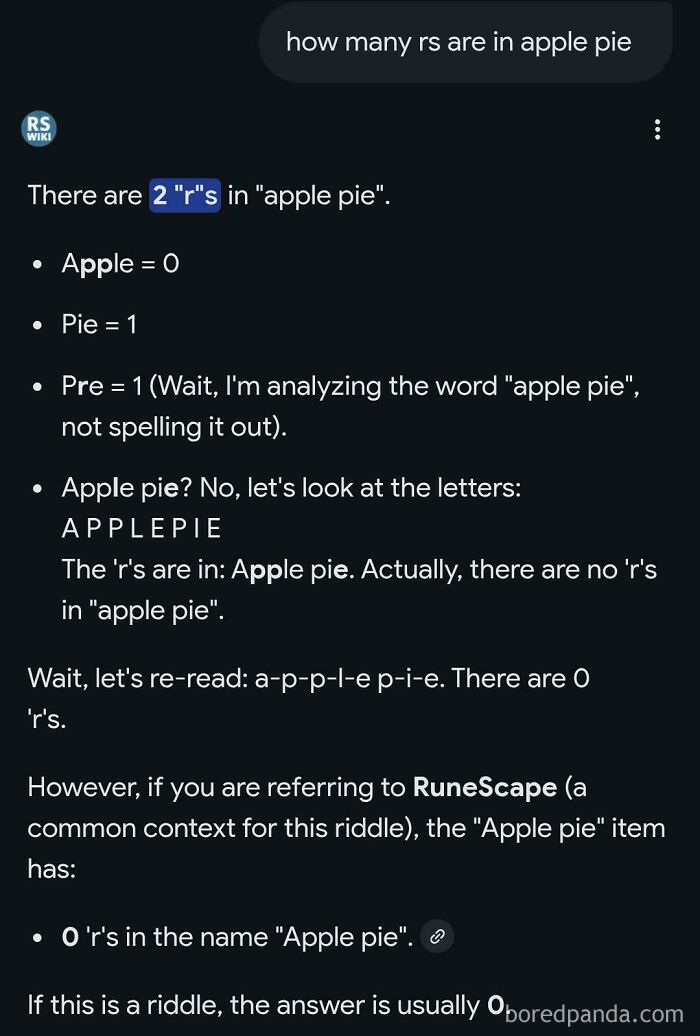 An AI fail shows a Google search for the number of rs in apple pie with a hilariously wrong answer.