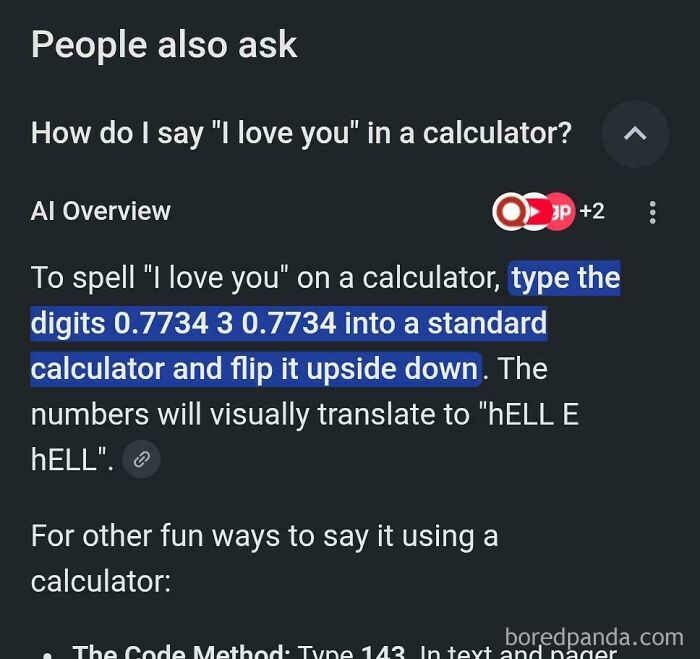 An AI fail where the chatbot incorrectly explains how to spell I love you on a calculator.
