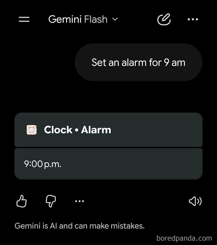 An AI fail showing Gemini setting an alarm for 9 PM instead of 9 AM.