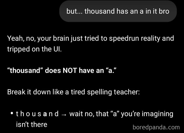 An AI fail showing a chatbot insisting the word thousand does not have the letter 'a' in it.
